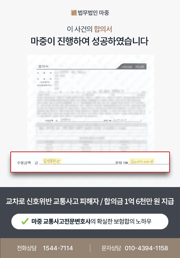 교차로 신호위반 교통사고 | 교통사고손해사정사가 피해자 합의금 1억 6천만 원 지급받은 사례